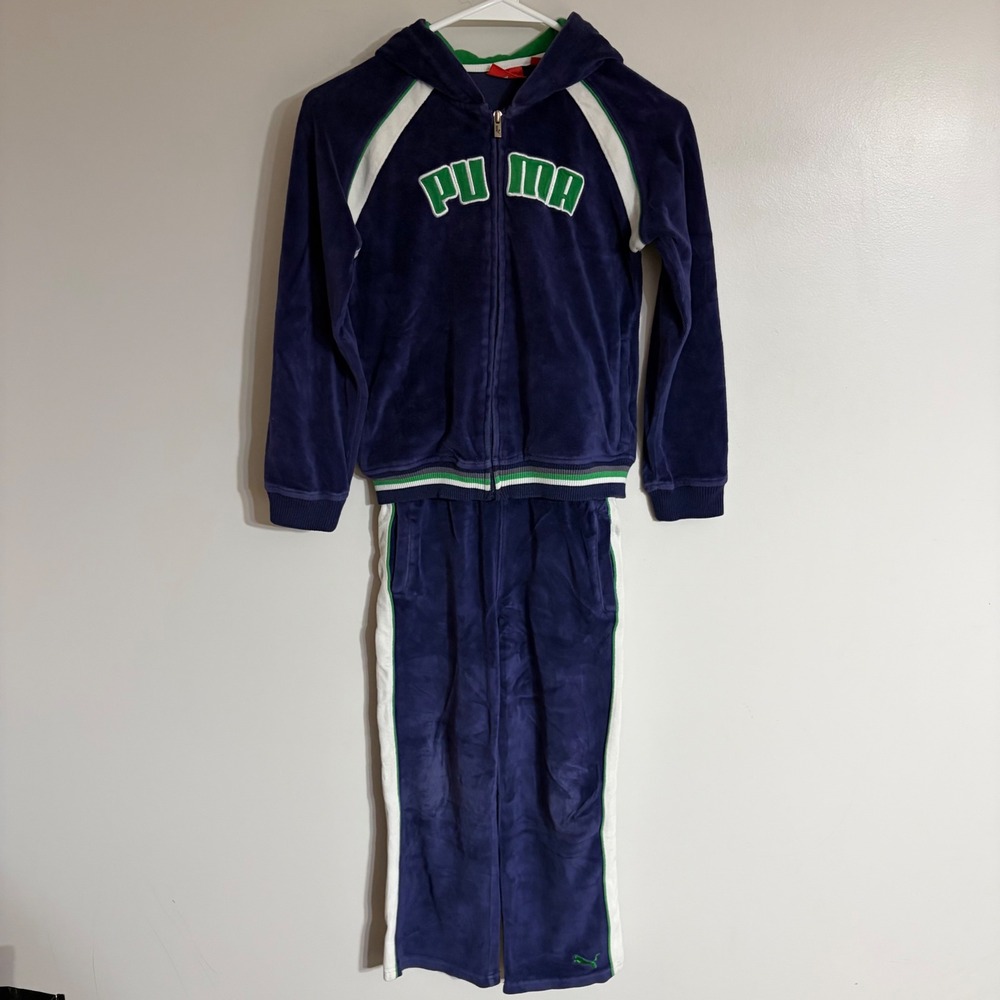 Puma Boys Velour Tracksuit Navy Blue Green Full Zip Hoodie and Pants Set Size 7